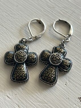 Silver toned cross with gold enamel lever back earrings